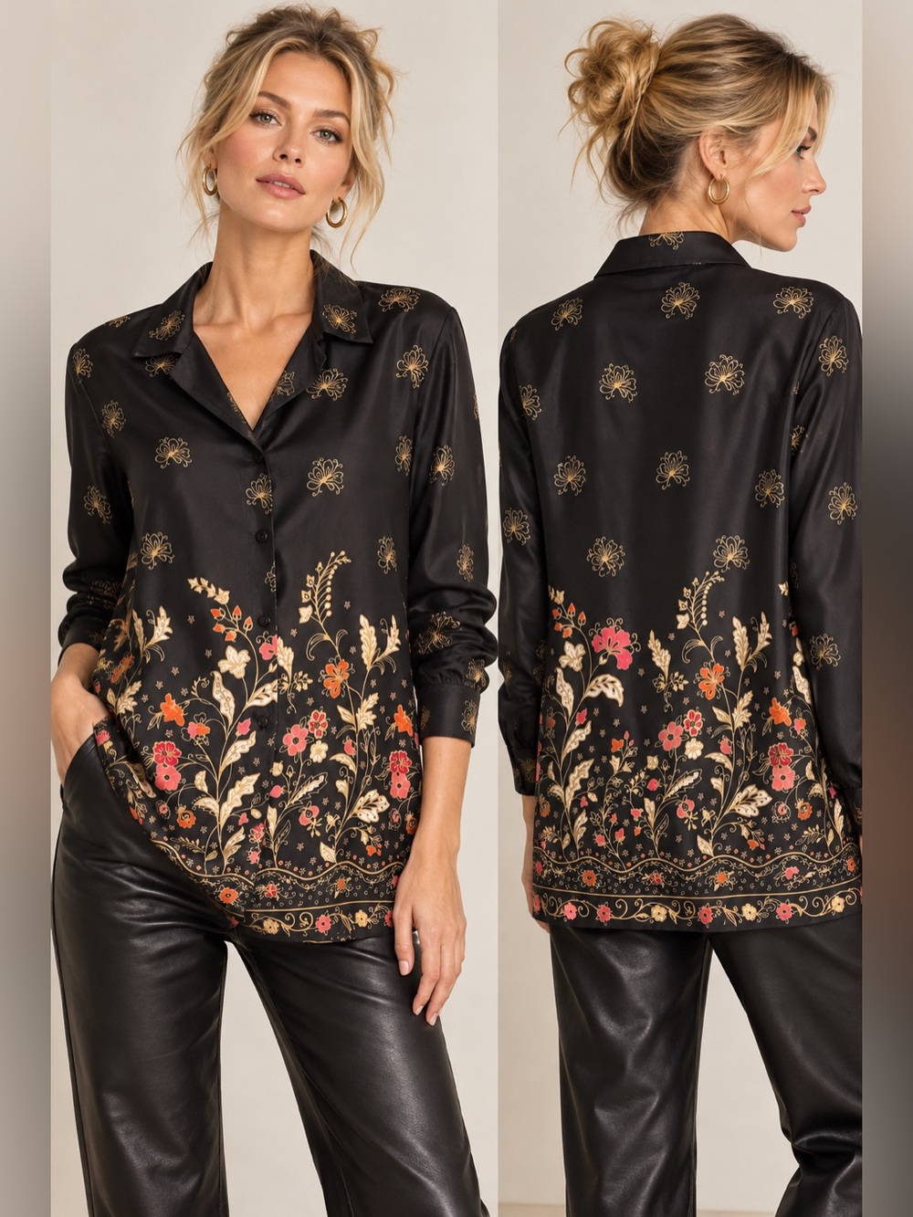 Vintage Inspired Black Floral Button Front Shirt Gold Boho Statement Top